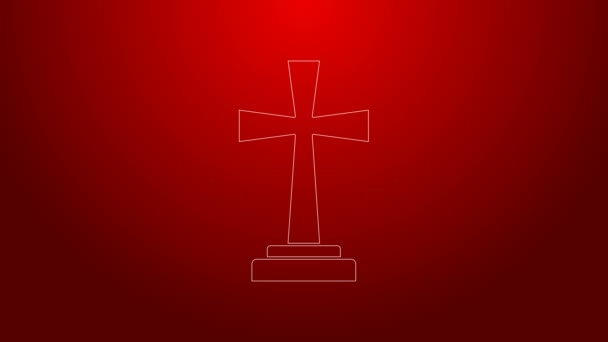 Green line Tombstone with cross icon isolated on red background. Grave icon. 4K Video motion graphic animation — Stock Video