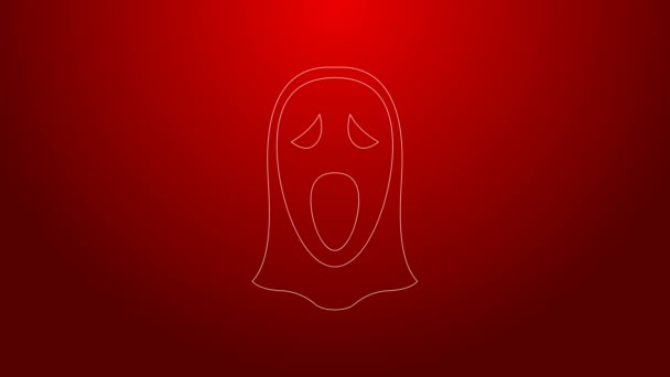 Green line Funny and scary ghost mask for Halloween icon isolated on red background. Happy Halloween party. 4K Video motion graphic animation — Stock Video