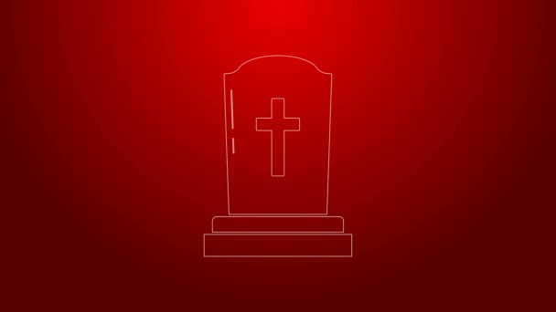 Green line Tombstone with cross icon isolated on red background. Grave icon. 4K Video motion graphic animation — Stock Video