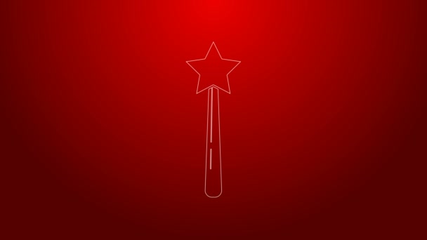 Zelená čára Kouzelná hůlka ikona izolované na červeném pozadí. Kouzelný doplněk ve tvaru hvězdy. Kouzelná síla. Grafická animace pohybu videa 4K — Stock video