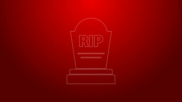 Green line Tombstone with RIP written on it icon isolated on red background. Grave icon. 4K Video motion graphic animation — Stock Video