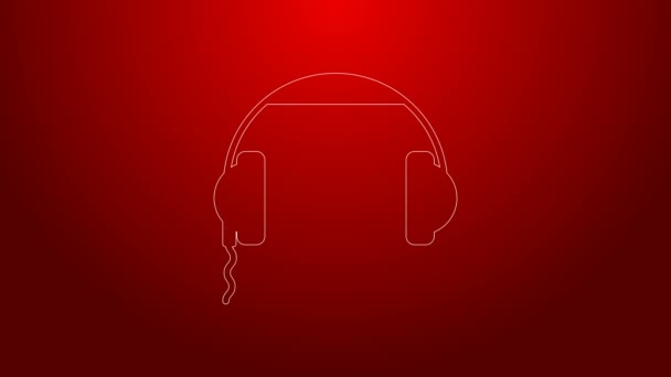 Ligne verte icône casque isolé sur fond rouge. Un panneau pour écouteurs. Concept d'écoute de musique, de service, de communication et d'opérateur. Animation graphique de mouvement vidéo 4K — Video