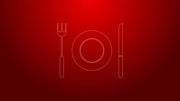 Grön linje Platt, gaffel och kniv ikon isolerad på röd bakgrund. Bestick symbol. Restaurangskylt. 4K Video motion grafisk animation — Stockvideo