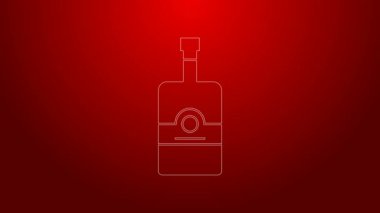 Yeşil çizgi viski şişesi simgesi kırmızı arkaplanda izole edildi. 4K Video hareketli grafik canlandırması