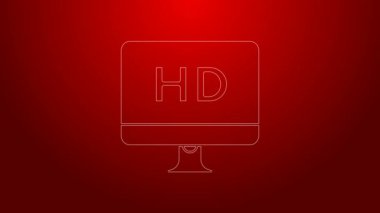 Kırmızı arkaplanda HD video teknolojisi simgesi izole edilmiş yeşil çizgi bilgisayar PC monitörü. 4K Video hareketli grafik canlandırması