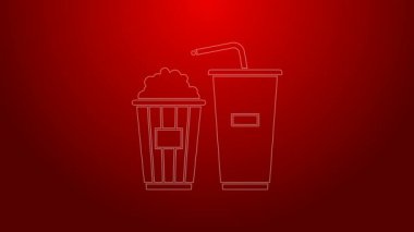 Yeşil çizgi, karton kutuda patlamış mısır ve kırmızı zemin üzerinde saman ve su ikonu bulunan kağıt bardak. Soda bardağı. 4K Video hareketli grafik canlandırması