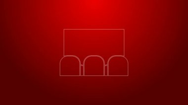 Yeşil çizgi sinema salonu, ekranı ve kırmızı arka planda izole edilmiş koltuk ikonu. 4K Video hareketli grafik canlandırması