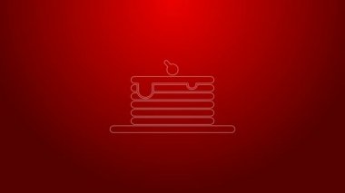 Yeşil çizgi yığın krep simgesi kırmızı arkaplanda izole edildi. Şerbetli ve kirazlı fırın. Kahvaltı konsepti. 4K Video hareketli grafik canlandırması