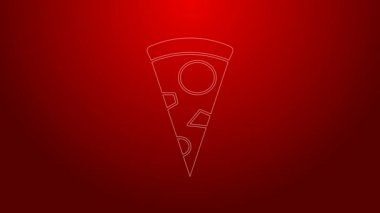 Kırmızı arka planda izole edilmiş yeşil çizgi pizza ikonu. 4K Video hareketli grafik canlandırması