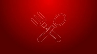 Yeşil çizgi çatal ve kaşık simgesini kırmızı arkaplanda izole etti. Mutfak aletleri. Çatal bıçak seti. 4K Video hareketli grafik canlandırması