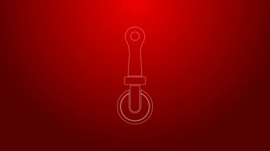 Yeşil çizgi pizza bıçak ikonu kırmızı arka planda izole edildi. Pizza kesme tabelası. Çelik mutfak gereçleri. 4K Video hareketli grafik canlandırması