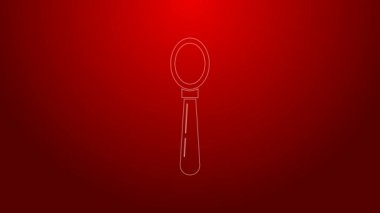 Kırmızı arkaplanda yeşil çizgi kaşık simgesi izole edildi. Mutfak aletleri. Çatal bıçak seti. 4K Video hareketli grafik canlandırması