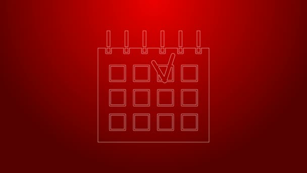 Grön linje Detaljerad kalender ikon isolerad på röd bakgrund. Evenemangskalender 4K Video motion grafisk animation — Stockvideo