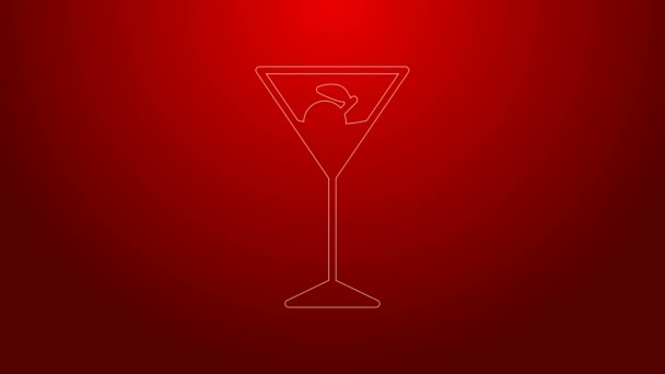 Icono de vidrio Martini línea verde aislado sobre fondo rojo. Icono de cóctel. Icono de copa de vino. Animación gráfica de vídeo 4K — Vídeo de stock