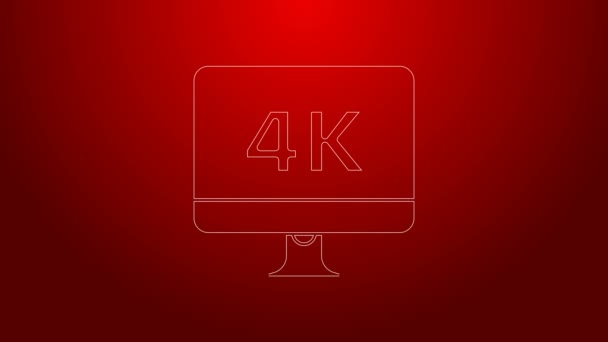 Grüne Linie Computer PC Monitor-Anzeige mit 4k Videotechnologie Symbol isoliert auf rotem Hintergrund. 4K Video Motion Grafik Animation — Stockvideo