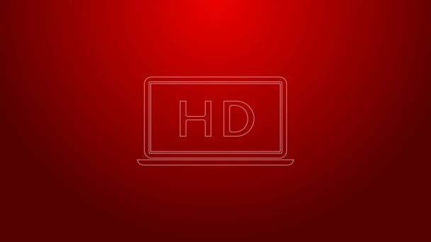 Зеленая линия Ноутбук экран с HD видео технологии значок изолирован на красном фоне. Видеографическая анимация 4K — стоковое видео