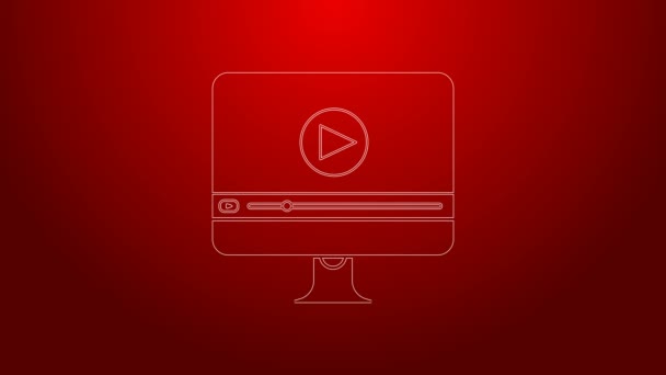 Línea verde Icono de vídeo de reproducción en línea aislado sobre fondo rojo. Monitor de computadora y tira de película con señal de juego. Animación gráfica de vídeo 4K — Vídeos de Stock