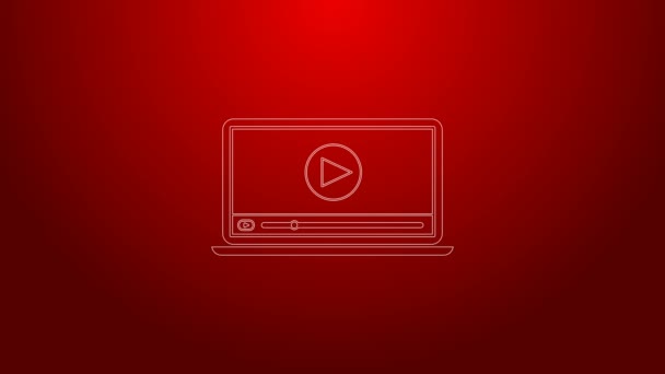 Groene lijn Online play video icoon geïsoleerd op rode achtergrond. Laptop en filmstrip met speelbord. 4K Video motion grafische animatie — Stockvideo
