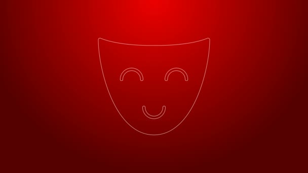 Zöld vonal Comedy színházi maszk ikon elszigetelt piros háttérrel. 4K Videó mozgás grafikus animáció — Stock videók