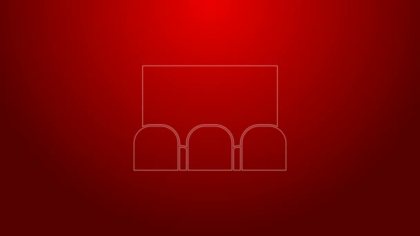 绿线电影院礼堂与屏幕和座位图标隔离的红色背景。4K视频运动图形动画 — 图库视频影像