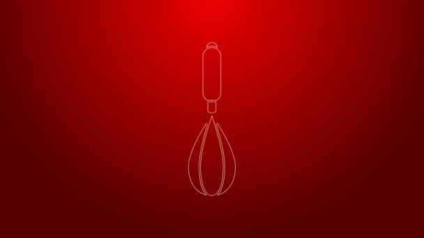 Green line Kitchen whisk icon isolated on red background. Cooking utensil, egg beater. Cutlery sign. Food mix symbol. 4K Video motion graphic animation — Stock Video