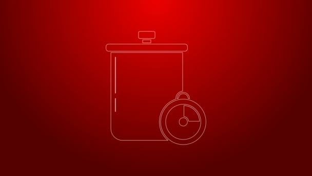 Grön linje Matlagning pott och kök timer ikon isolerad på röd bakgrund. Koka eller gryta mat symbol. 4K Video motion grafisk animation — Stockvideo