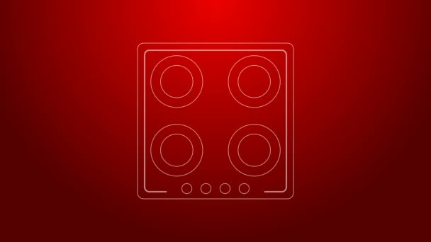 Línea verde Icono de estufa de gas aislado sobre fondo rojo. Signo de cocina. Hob con cuatro quemadores de círculo. Animación gráfica de vídeo 4K — Vídeos de Stock