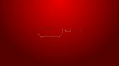 Kırmızı arkaplanda yeşil çizgi tava simgesi izole edildi. Kızartma veya kızartma gıda sembolü. 4K Video hareketli grafik canlandırması