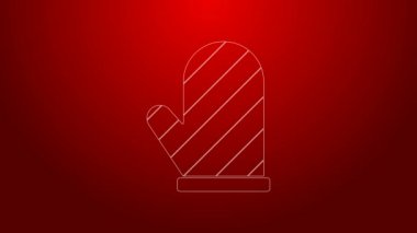 Yeşil çizgi fırın ikonu kırmızı arkaplanda izole edildi. Mutfak tutacağı işareti. Yemek eldiveni. 4K Video hareketli grafik canlandırması