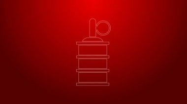 Yeşil çizgi el bombası ikonu kırmızı arkaplanda izole edildi. Bomba patlaması. 4K Video hareketli grafik canlandırması