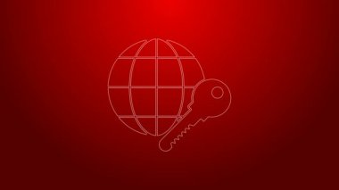 Yeşil çizgi Globe anahtar simgesi kırmızı arkaplanda izole edildi. 4K Video hareketli grafik canlandırması