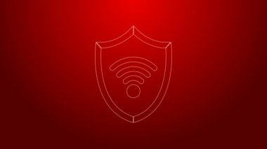 Kablosuz internet ağ sembolü simgesi olan yeşil çizgi kalkanı kırmızı arkaplanda izole edildi. Güvenlik konsepti. 4K Video hareketli grafik canlandırması