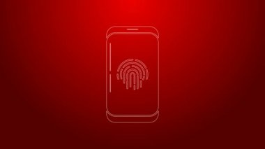 Kırmızı arkaplanda parmak izi tarayıcı simgesi olan yeşil çizgi akıllı telefonu. Güvenlik kavramı, cep telefonundan kişisel erişim. 4K Video hareketli grafik canlandırması
