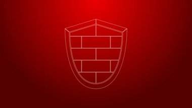 Siber güvenlik duvarı simgesine sahip yeşil çizgi kalkanı kırmızı arka planda izole edildi. Veri koruma sembolü. Güvenlik duvarı logosu. Ağ koruması. 4K Video hareketli grafik canlandırması