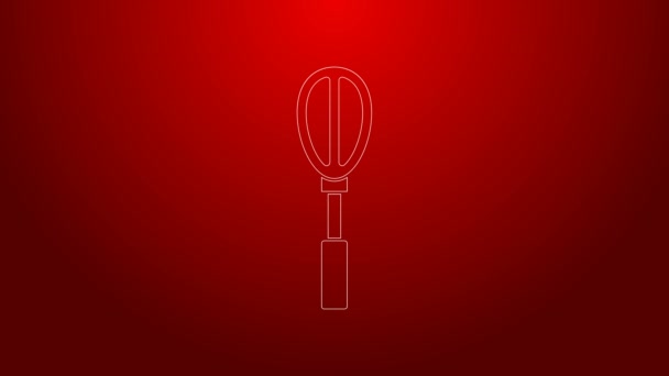 Línea verde Icono de batidor de cocina aislado sobre fondo rojo. Utensil de cocina, batidor de huevos. Signo de cubertería. Comida mezcla símbolo. Animación gráfica de vídeo 4K — Vídeo de stock