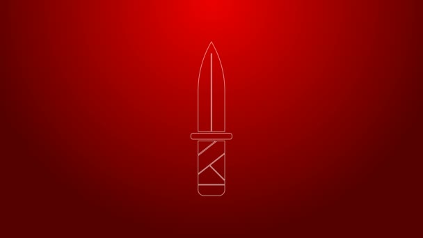 Green line Military knife icon isolated on red background. 4K Video motion graphic animation — Stock Video