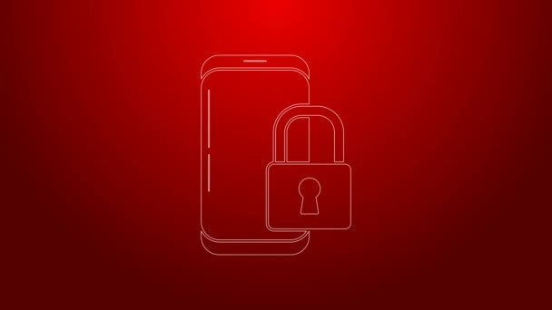 Línea verde Smartphone con el icono de candado cerrado aislado sobre fondo rojo. Teléfono con llave. Seguridad móvil, seguridad, concepto de protección. Animación gráfica de vídeo 4K — Vídeos de Stock