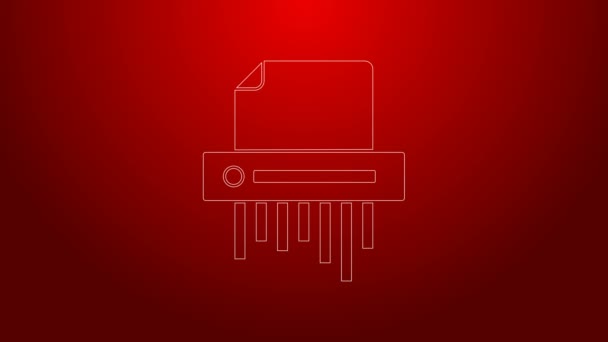 Zielona linia Niszczarka papieru poufne i prywatne dokumenty ikona ochrony informacji biura izolowane na czerwonym tle. 4K Animacja graficzna ruchu wideo — Wideo stockowe