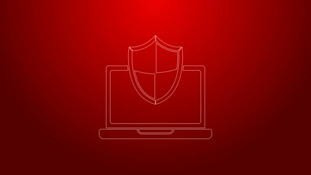 Línea verde Laptop protegido con icono de escudo aislado sobre fondo rojo. Seguridad de PC, tecnología de firewall, seguridad de privacidad. Animación gráfica de vídeo 4K — Vídeos de Stock