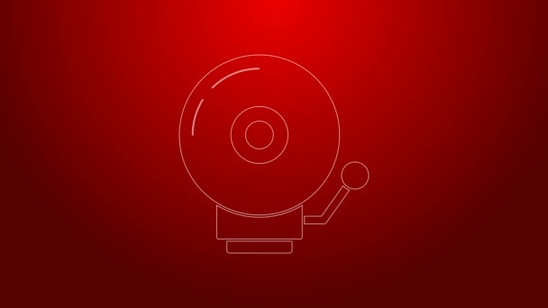 Green line Ringing alarm bell icon isolated on red background. Alarm symbol, service bell, handbell sign, notification symbol. 4K Video motion graphic animation — Stock Video