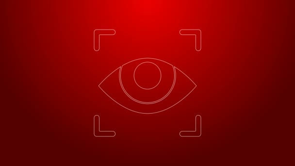 Línea verde Icono de exploración ocular aislado sobre fondo rojo. Ojo escáner. Comprobación de seguridad. Signo cibernético. Animación gráfica de vídeo 4K — Vídeos de Stock