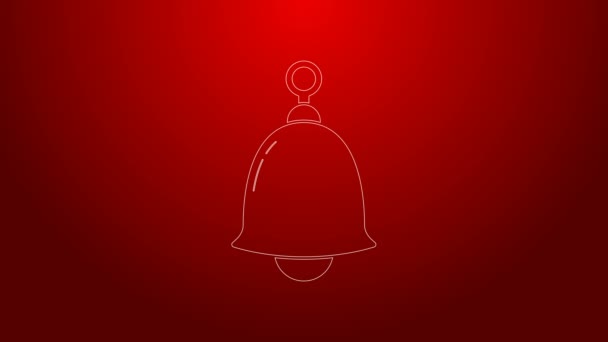 Línea verde Timbre icono de campana aislado sobre fondo rojo. Símbolo de alarma, campana de servicio, señal de timbre, símbolo de notificación. Animación gráfica de vídeo 4K — Vídeo de stock