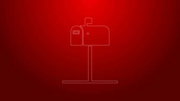 Línea verde Icono de buzón abierto aislado sobre fondo rojo. Icono del buzón. Buzón de correo en poste con bandera. Animación gráfica de vídeo 4K — Vídeos de Stock