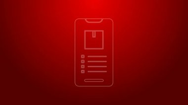 Kırmızı arkaplanda uygulama dağıtım ikonu olan yeşil çizgi mobil akıllı telefon. Paket takibi. 4K Video hareketli grafik canlandırması