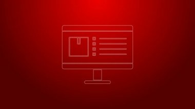 Kırmızı arkaplanda izole edilmiş uygulama dağıtım ikonu olan yeşil çizgi bilgisayar monitörü. Paket takibi. 4K Video hareketli grafik canlandırması