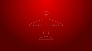 Yeşil çizgi düzlem simgesi kırmızı arkaplanda izole edildi. Teslimat, ulaşım. Kargo hava yoluyla geliyor. Paketli uçaklar, kutular. 4K Video hareketli grafik canlandırması