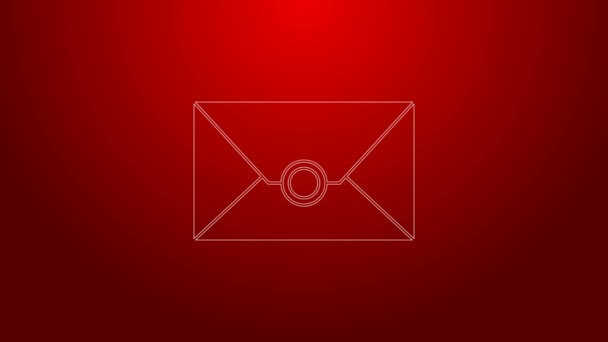Groene lijn Envelop pictogram geïsoleerd op rode achtergrond. E-mailbericht letter symbool. 4K Video motion grafische animatie — Stockvideo