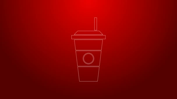 Green line Coffee cup icon isolated on red background. Disposable coffee cup with hot coffee. 4K Video motion graphic animation — Stock Video