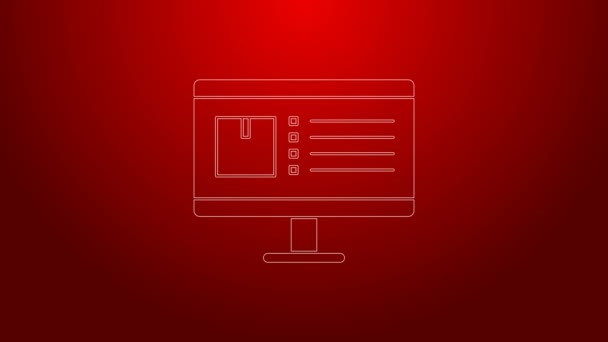 Grön linje Datorskärm med app leverans spårnings ikon isolerad på röd bakgrund. Paketspårning. 4K Video motion grafisk animation — Stockvideo