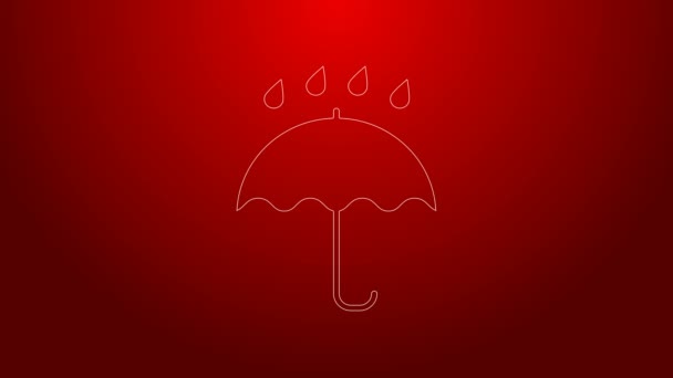 Linea verde Ombrello e pioggia gocce icona isolata su sfondo rosso. Icona impermeabile. Protezione, sicurezza, concetto di sicurezza. Simbolo resistente all'acqua. Animazione grafica 4K Video motion — Video Stock